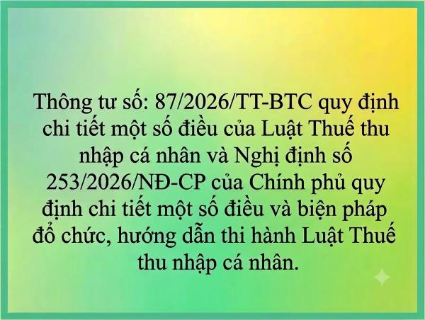 Thông tư số: 87/2026/TT-BTC  quy định chi tiết một số điều của Luật Thuế thu nhập cá nhân và Nghị định số 253/2026/NĐ-CP của Chính phủ quy định chi tiết một số điều và biện pháp để tổ chức, hướng dẫn thi hành Luật Thuế thu nhập cá nhân.
